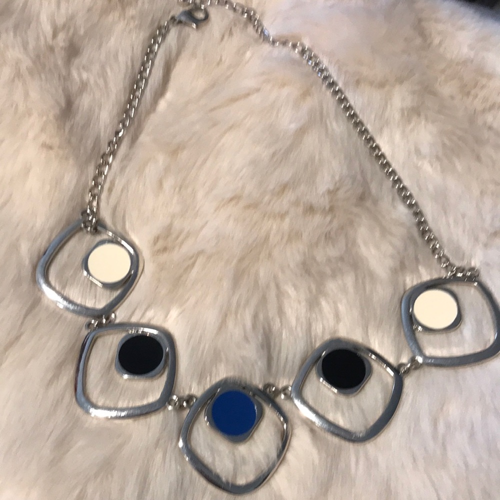 Abstract geo silver based blue,black, cream necklace